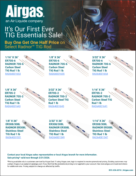 It's Our First Ever TIG Essentials Sale!  Save up to 45% on RADNOR TIG Consumables + BOGO 50% off Select TIG Rod