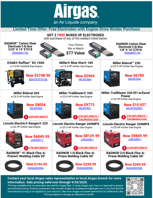 Free Electrodes with Engine Drive Welder Purchase! Plus Deep Discounts on Welding Cable. Check It Out!