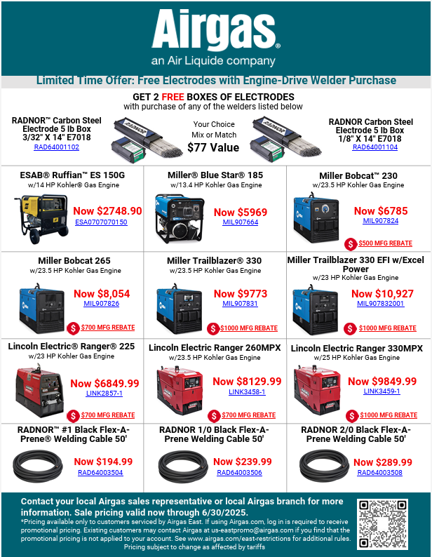 For a Limited Time Get Free Electrodes with Select Engine Drive Welder Purchase