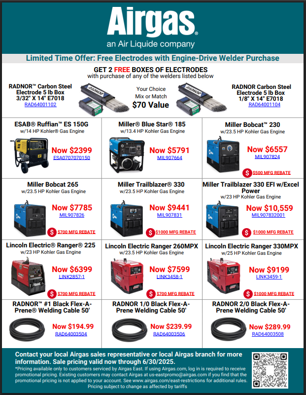 For a Limited Time Get Free Electrodes with Select Engine Drive Welder Purchase