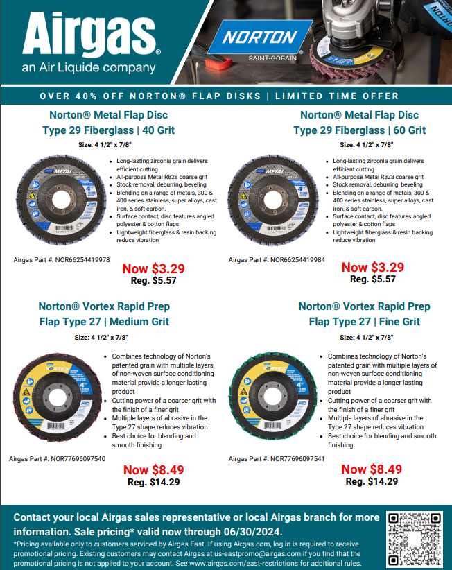 For a limited time save over 40% off Norton flap discs & over 30% off grinding wheels!