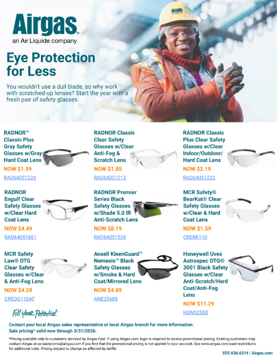 Eye Protection for Less.  Start the year with a fresh pair of safety glasses.