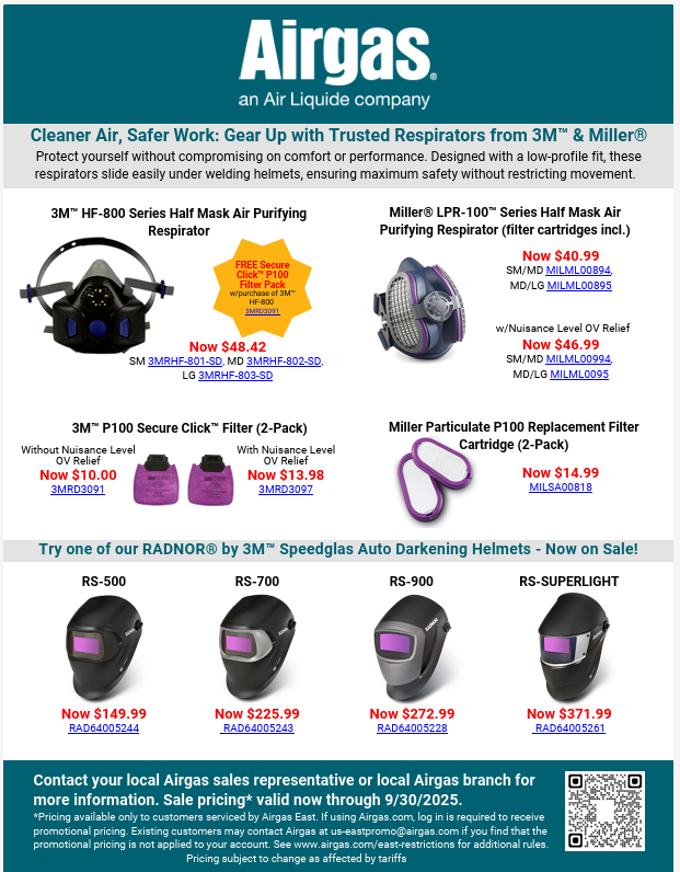 Cleaner Air, Safer Work: Discounts on Trusted Respirators from 3M and Miller.  Plus Discounts on Radnor Auto-Darkening Helmets!