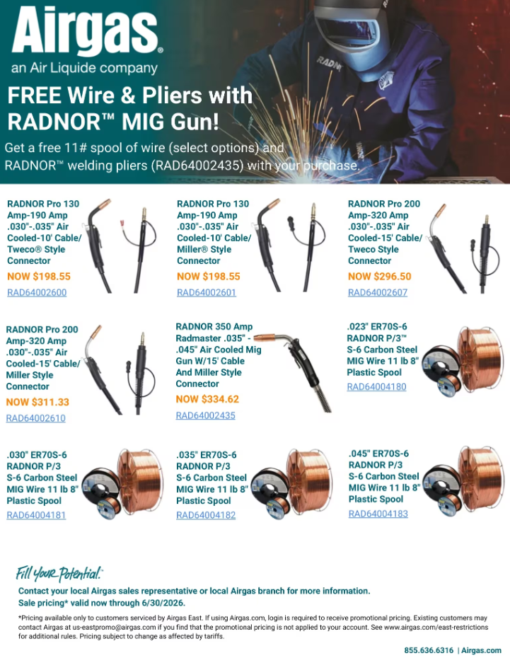 FREE Wire & Pliers with RADNOR MIG Gun Purchase! Plus Buy One Spool, Get One 50% Off!