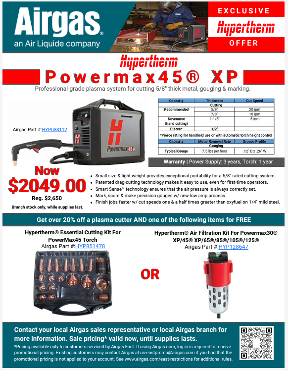 Hypertherm Blowout Sale!  Save over $600 on PowerMax45 plus get a free cutting or air filtration kit