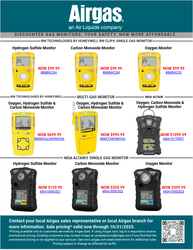On Sale Now:  $99 BW Technologies Gas Monitors! Plus Discounts on MSA Altair Monitors.