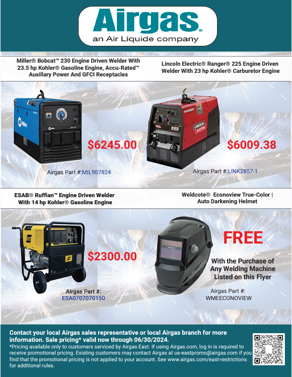 Receive a FREE Helmet with Engine Drive Welder purchase!  Plus deep discounts on Lincoln & ESAB welders, including the new ESAB Ruffian!