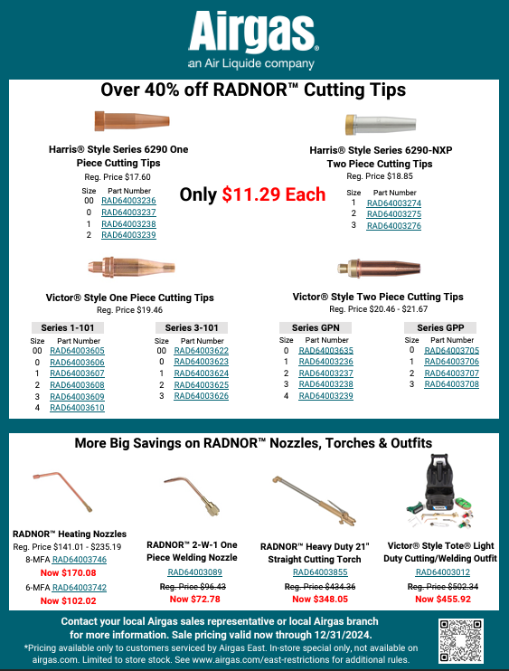 HUGE Gas Equipment Sale!  Up to 37% off RADNOR Victor Regulators, Over 40% off RADNOR Cutting Tips!